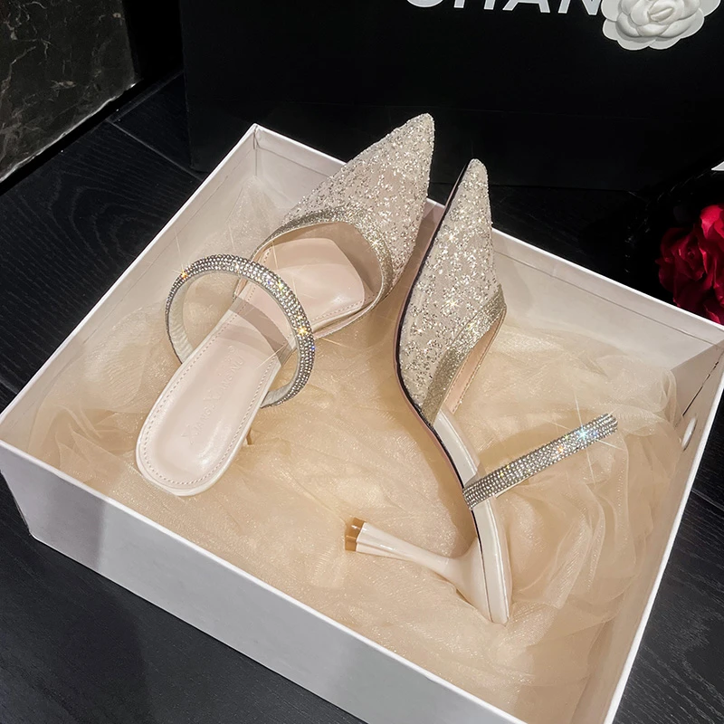 凉拖鞋女外穿半拖水钻蕾丝网纱新款高跟鞋尖头细跟时尚包头凉鞋女