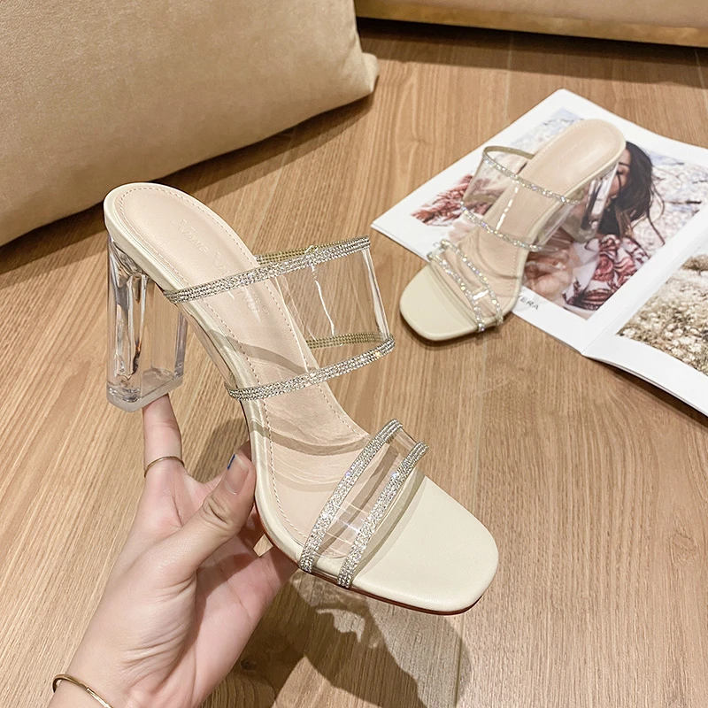 大码凉鞋41-43女夏外穿水晶网红透明高跟鞋小码313233粗跟凉拖鞋