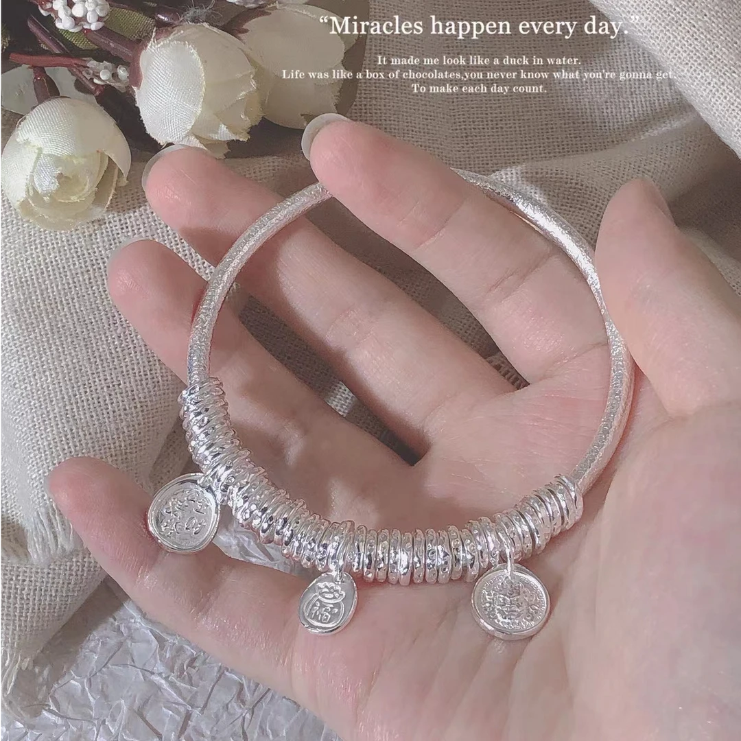 足银手镯 锤纹盘缠百搭闭口手镯银色镯子ins手工磨砂