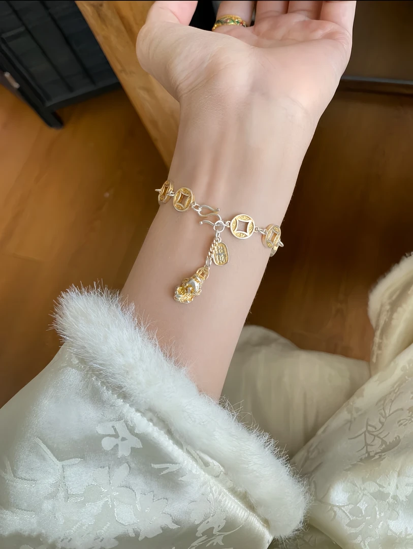 足银手链 描金吉币招财纳福银手链-纯银足银999.9 国风貔貅百搭