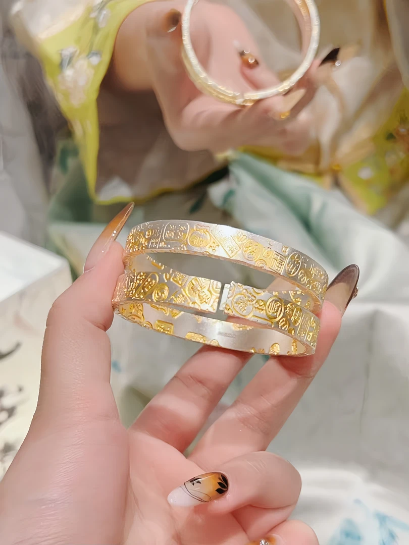 足银手镯 描金四方宽吉言纯银手镯-足银999.9手工实心手腕配饰