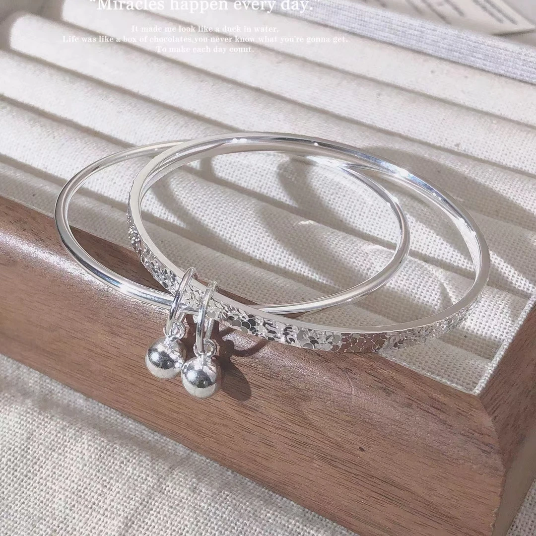 足银手镯 碎冰冰双环吊铃手镯镯子