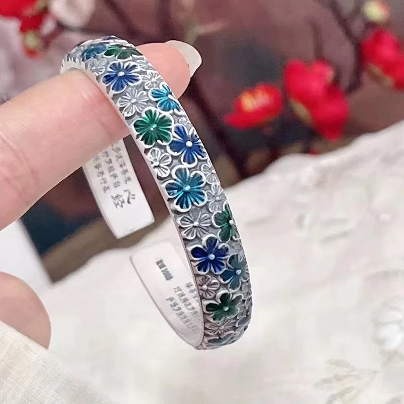 足银手镯 浮雕滴彩梅花开口镯复古气质古风手工