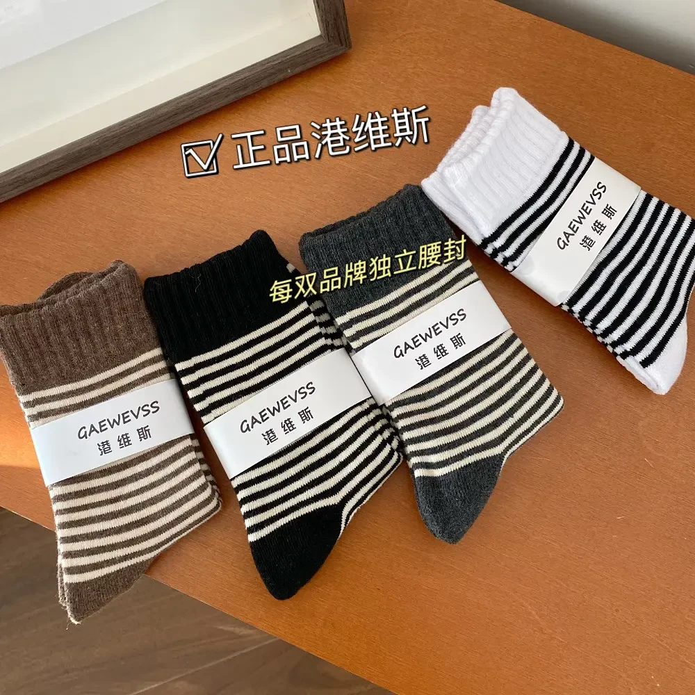 Z条纹保暖加厚毛圈中筒女袜 撞色条纹复古美拉德堆堆袜