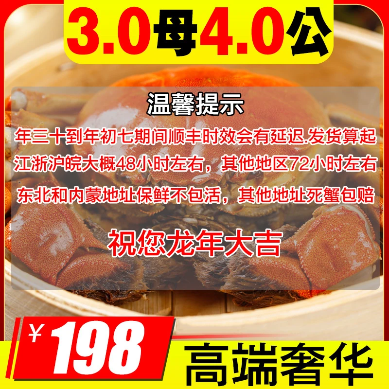 【春节活蟹】正宗江苏大闸蟹礼盒螃蟹鲜活新鲜洪泽湖公蟹4两母蟹3两