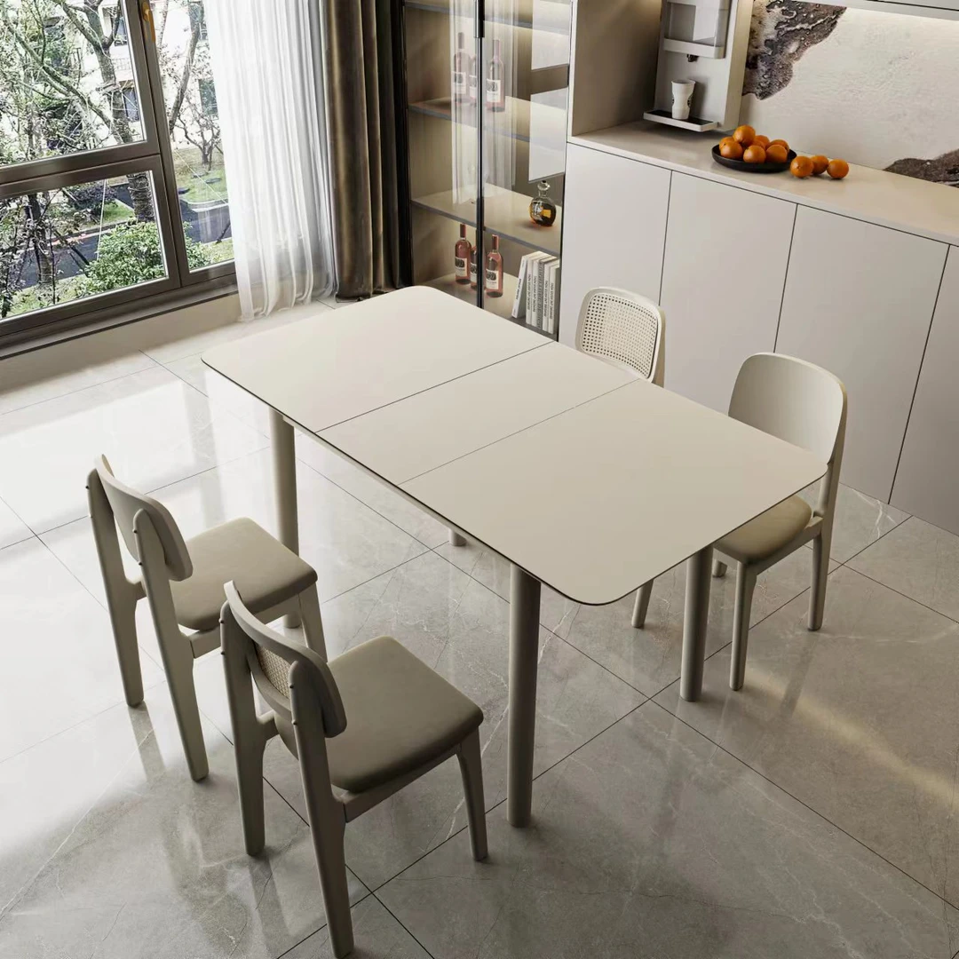 可伸缩奶油风中小户型可伸缩餐桌实木餐桌租房出租屋长方形小餐桌