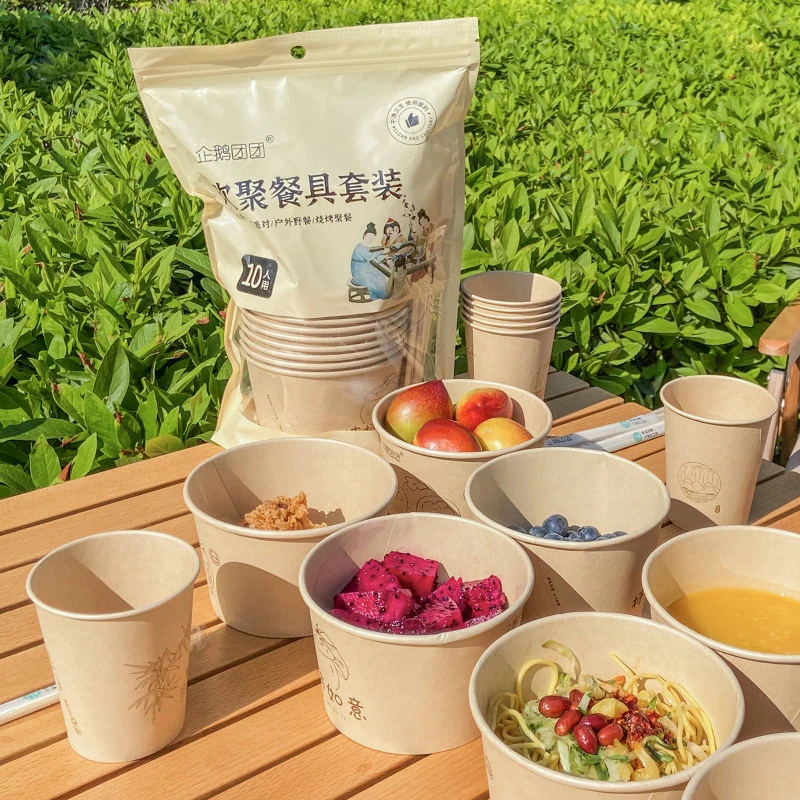 烧烤露营餐具便携式套装一次性加厚欢聚高档纸碗纸杯筷子套装野餐