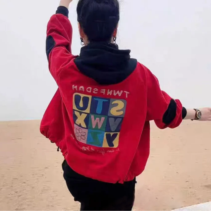 秋款毛圈棉女装外套印花开衫相色拼接连帽上衣89098