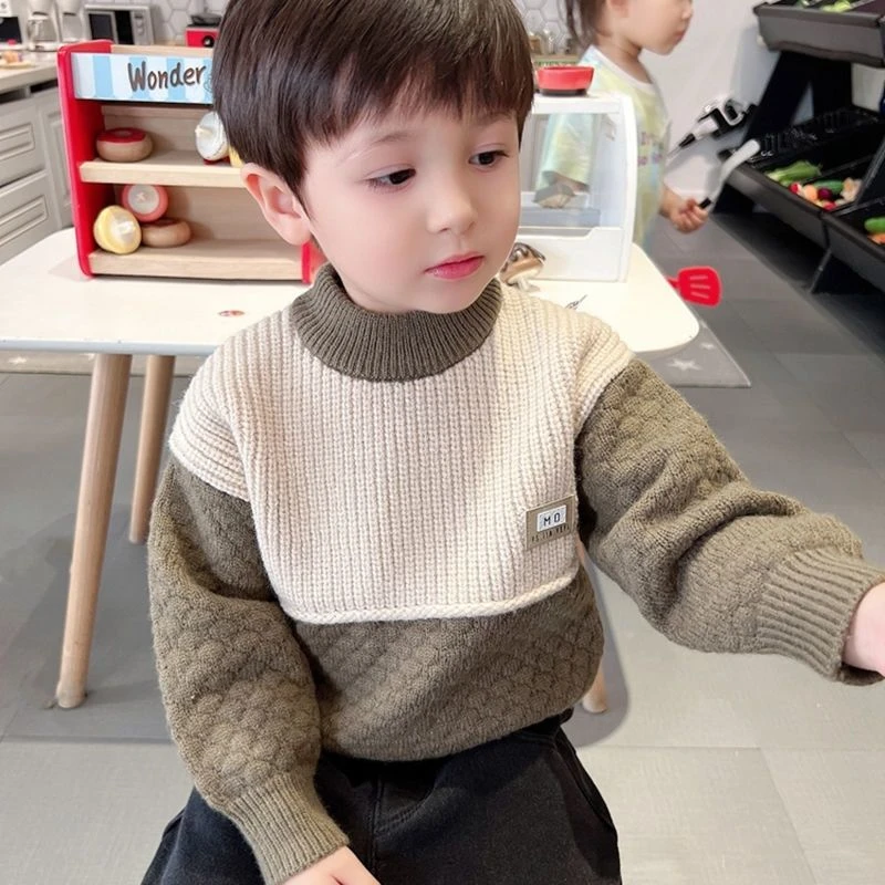 男童毛衣2023冬季新款百搭套头针织衫宝宝加绒加厚打底洋气毛线衣