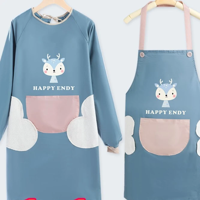 长袖围裙家用厨房防水防油工作服餐饮简约轻薄透气做饭围腰成人