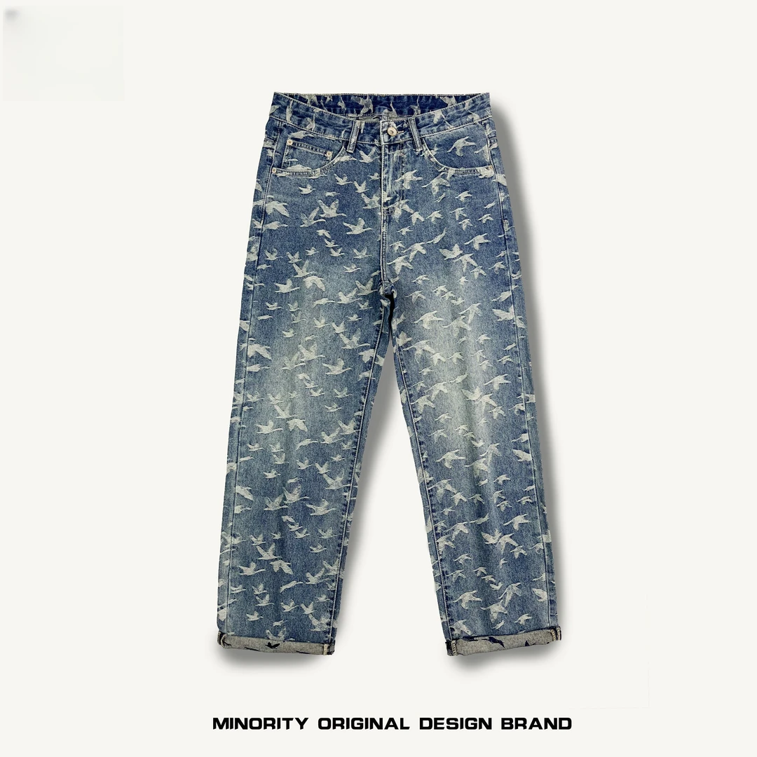 欧洲站潮牌激光印花巴黎风格阔腿牛仔裤男个性百搭宽松高街水洗裤