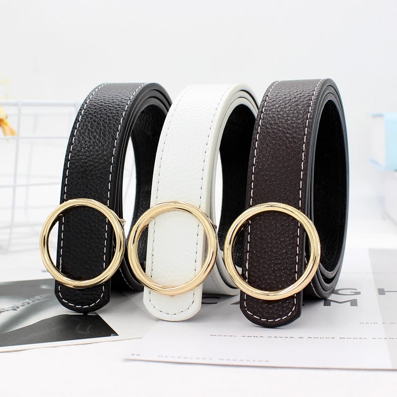 真皮港风腰带装饰平板圆扣学生裤带时尚简约平滑扣宽皮带一件代发