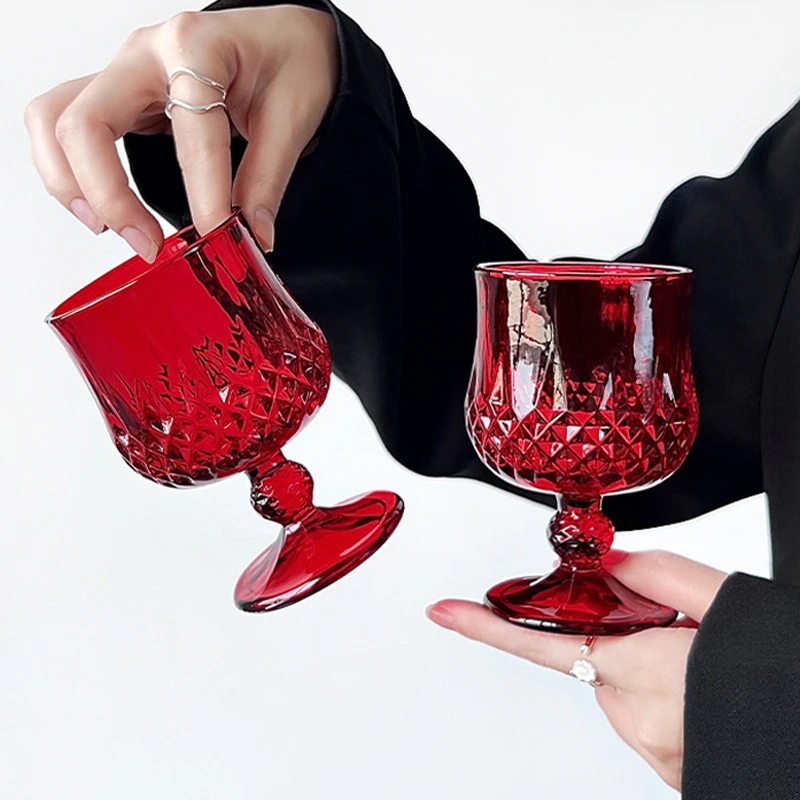 复古红浮雕高脚杯无铅玻璃钻石红酒杯干邑杯威士忌酒杯白兰地杯子