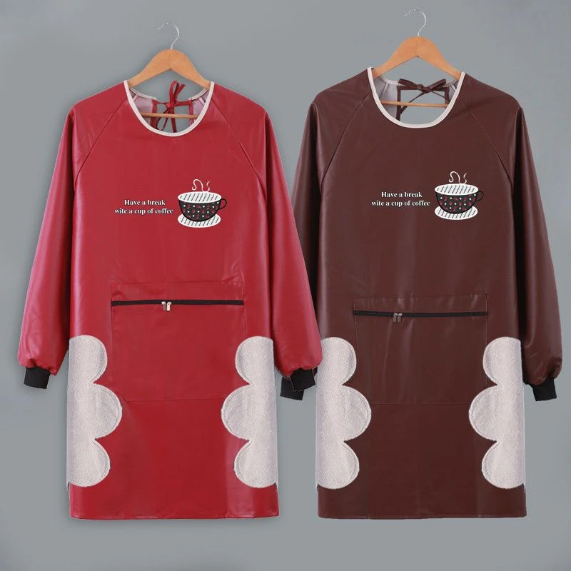 围裙长袖厨房防水防油工作服罩衣皮革加大家用时尚PU餐饮围腰干活