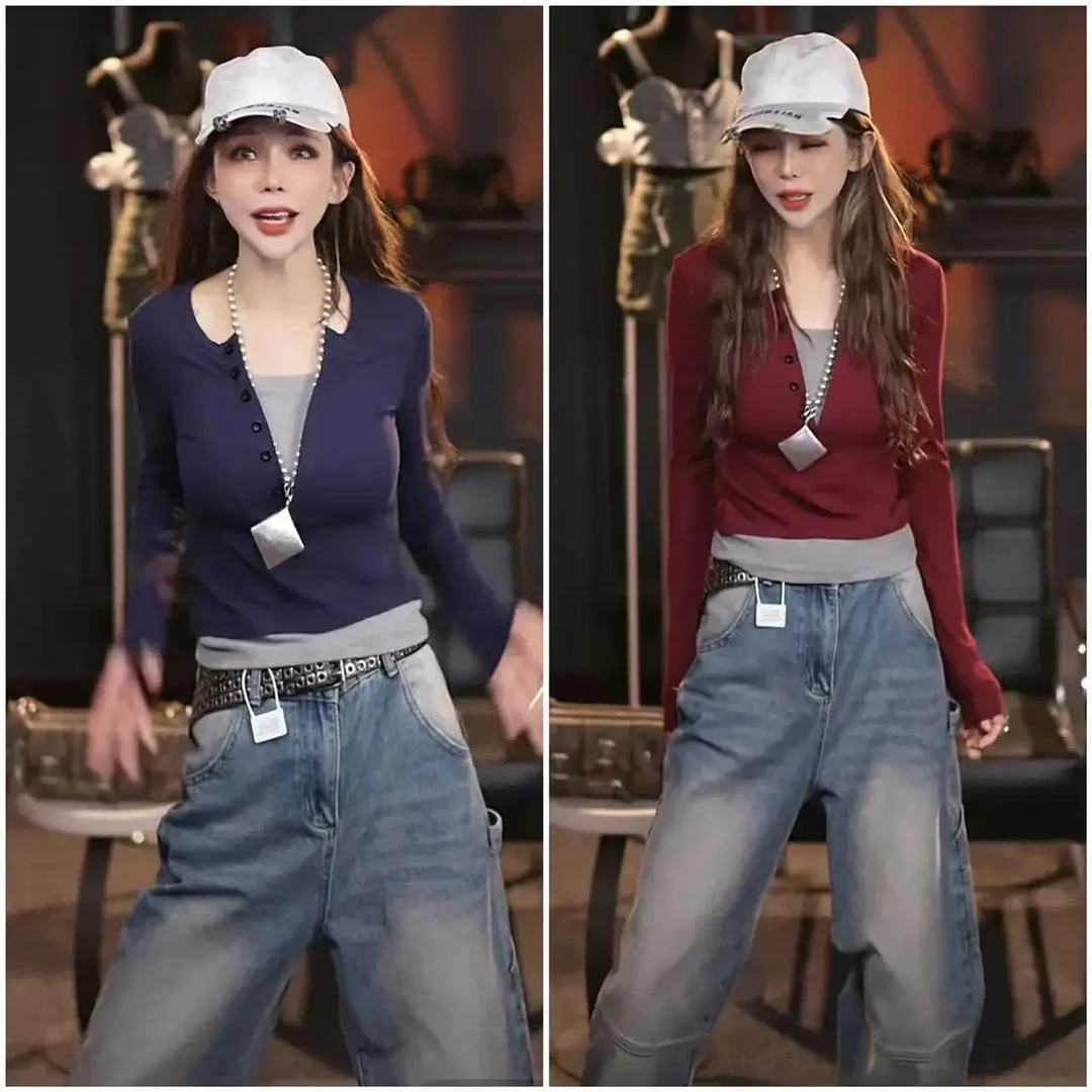 2024秋冬假两件撞色纽扣设计感长袖T恤女韩版修身显瘦小众上衣