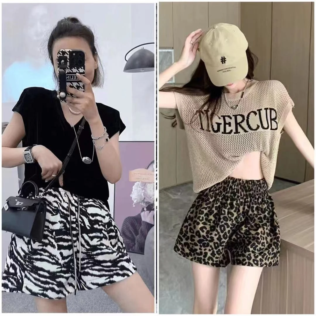 2025夏季国风斑马纹印花宽松高腰休闲裤时尚直筒显瘦阔腿短裤