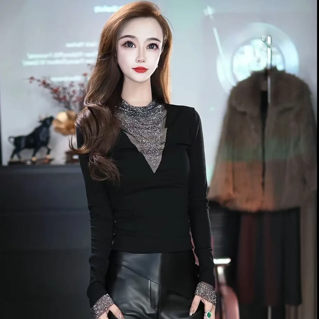 叶子定制加绒打底衫女秋冬性感镂空长袖T恤时尚烫钻上衣内搭小衫