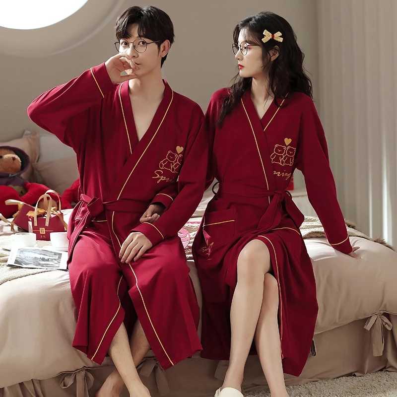 新款结婚新婚情侣睡衣袍一男一女士春秋款冬季长袖红色晨浴袍