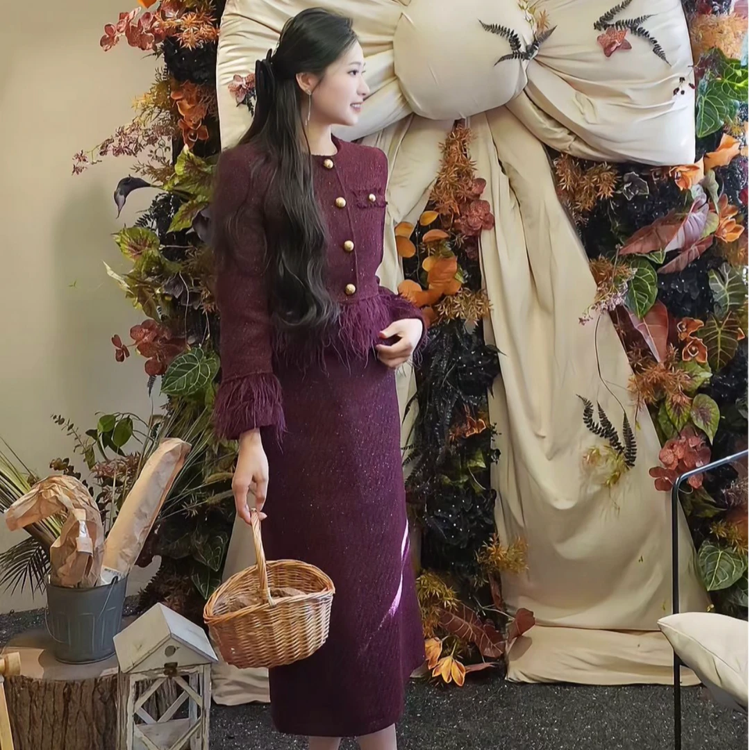 小香风套装2024秋冬新款专柜高定鸵鸟毛加绒加厚高奢气质套装