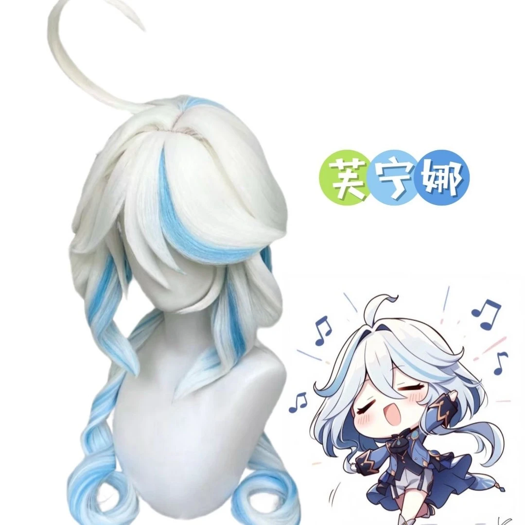 原神水神 芙卡洛斯芙宁娜cosplay假发白蓝水母头仿真头皮