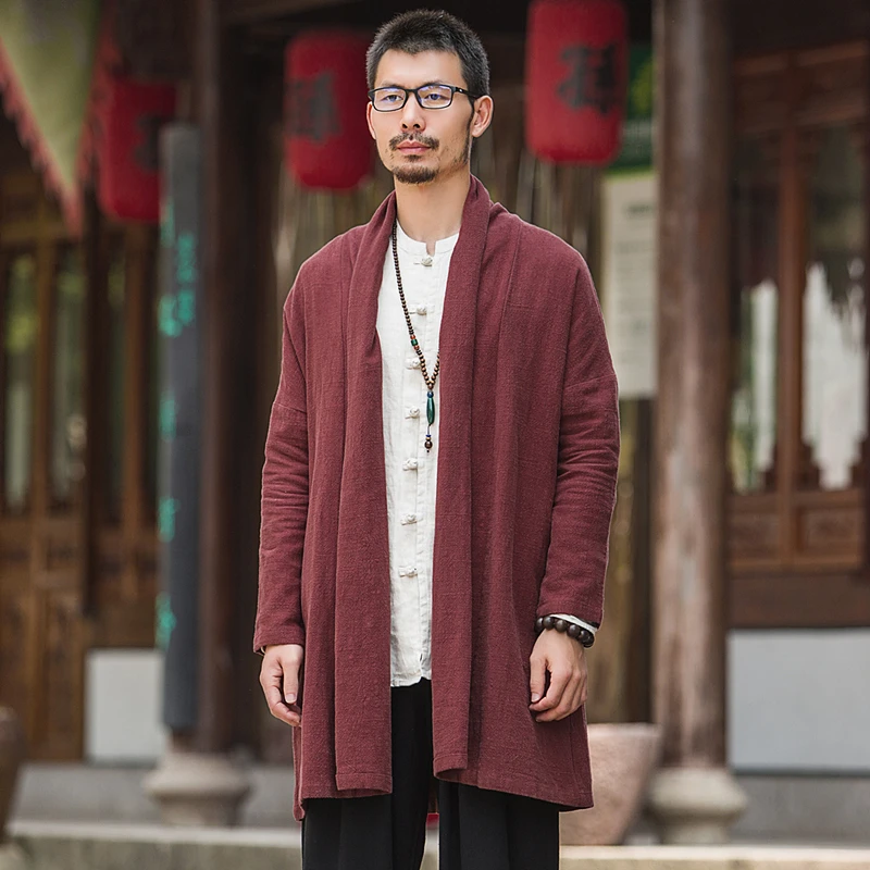 春秋中国风男装古风汉服古装中长款披风外套中式开衫亚麻唐装上衣