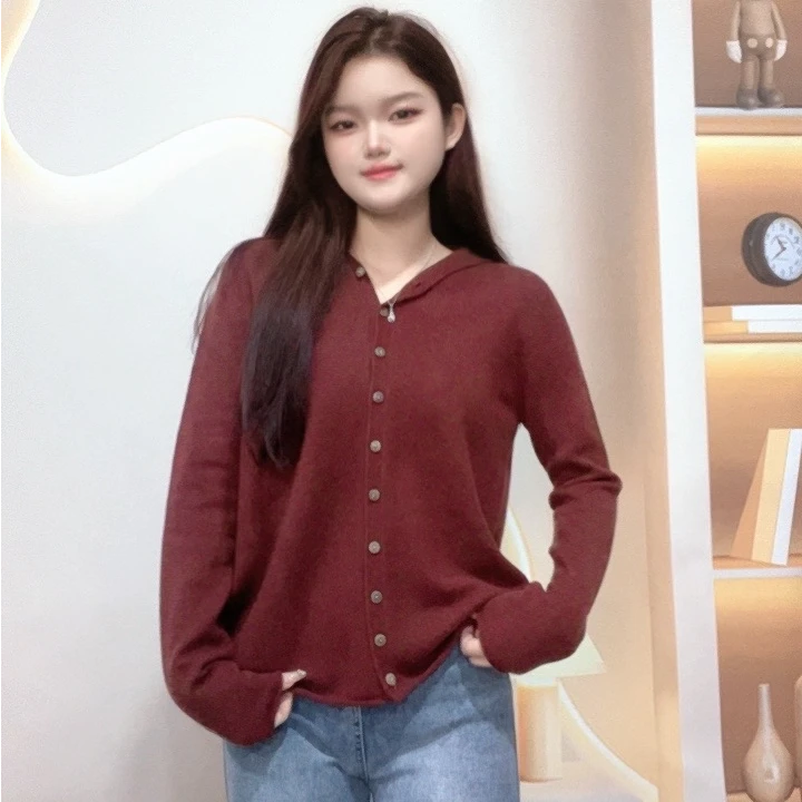 羊毛针织连帽开衫正肩V领毛衣纯色系女装外套