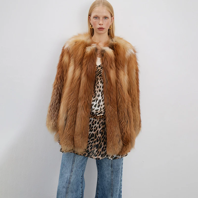 北麋「明媚少女」轻盈密实整皮红狐分段设计狐狸毛皮草外套女中长款