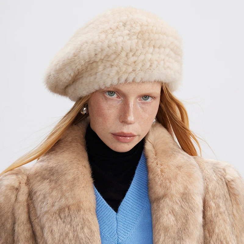 北麋哥本哈根整貂水貂编织贝雷帽百搭时髦保暖显瘦皮草帽子秋冬女