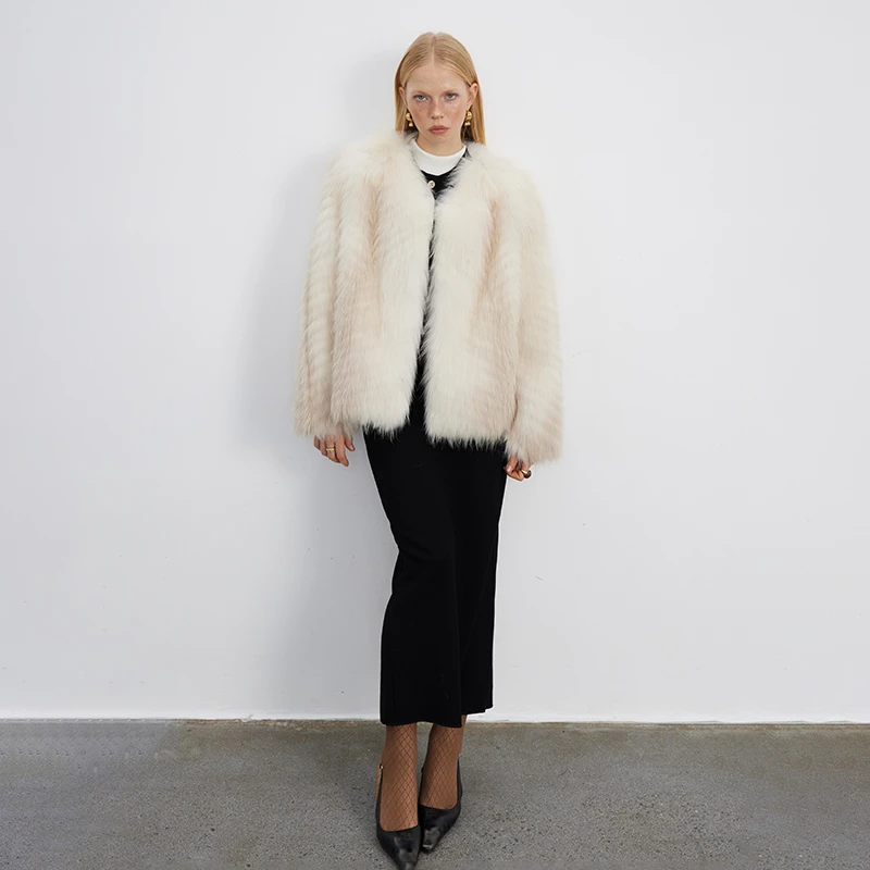 北麋「馥郁天仙」稀有轻奢米霜狐本色狐狸毛车条圆领皮草外套女短款