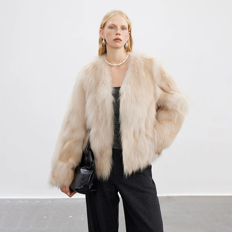 北麋「慵懒假日」蓬松感密实彩狐狐狸毛V领时髦年轻皮草外套女短款