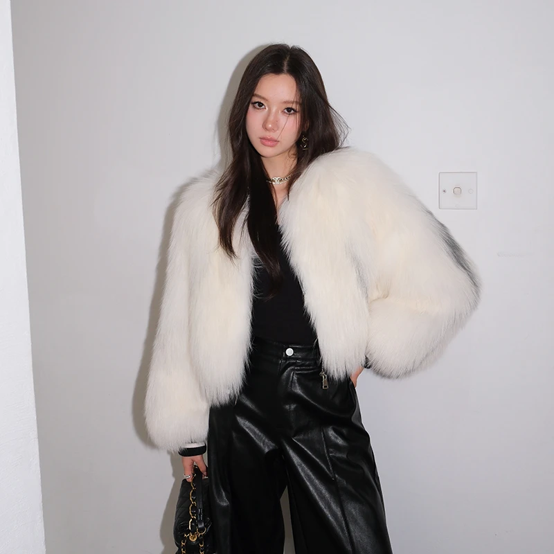 北麋整皮大理石狐狸毛棒球款皮草外套女高腰小个子短款时髦大衣冬