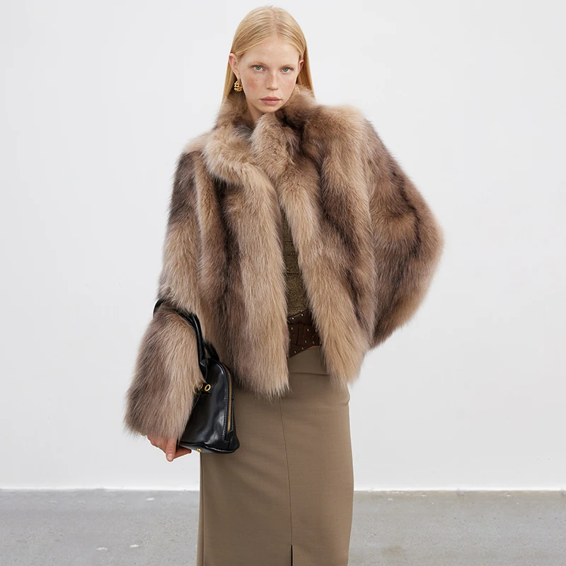 北麋「拉蓓绮梦」轻奢整皮狐狸毛复古晕染立领皮草外套女短款冬大衣