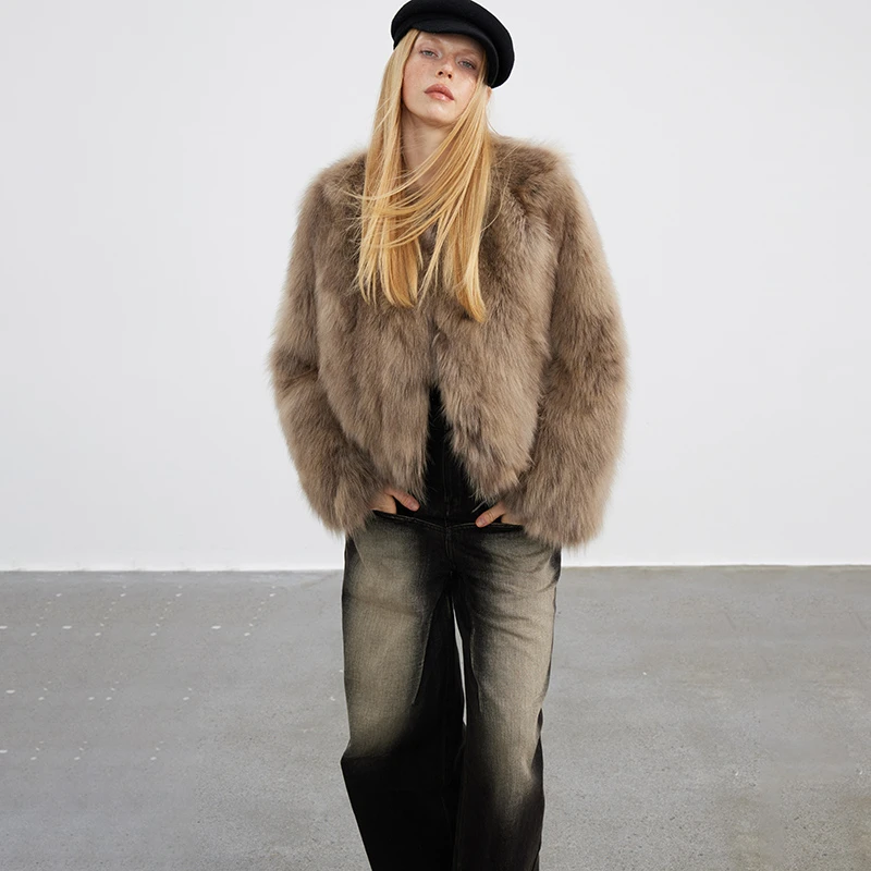 北麋「甜美黛露」复古野性狐狸毛手工晕染圆领皮草外套女高腰款大衣