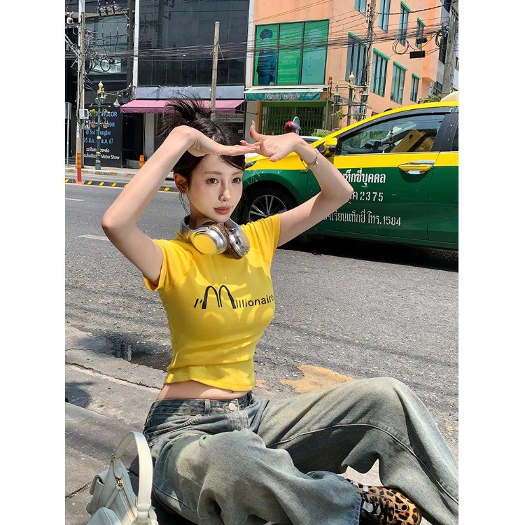 【黄色】辣妹修身弹力字母短袖T恤女2024年夏季新款韩版休闲上衣女