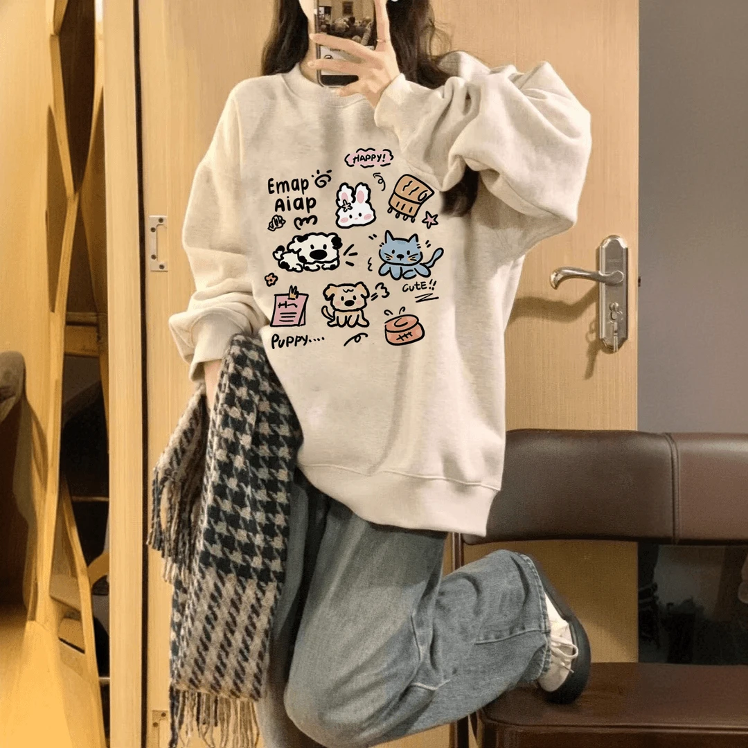 【可爱动物】25s秋冬新款圆领卫衣女显瘦印花宽松百搭设计感上衣ins