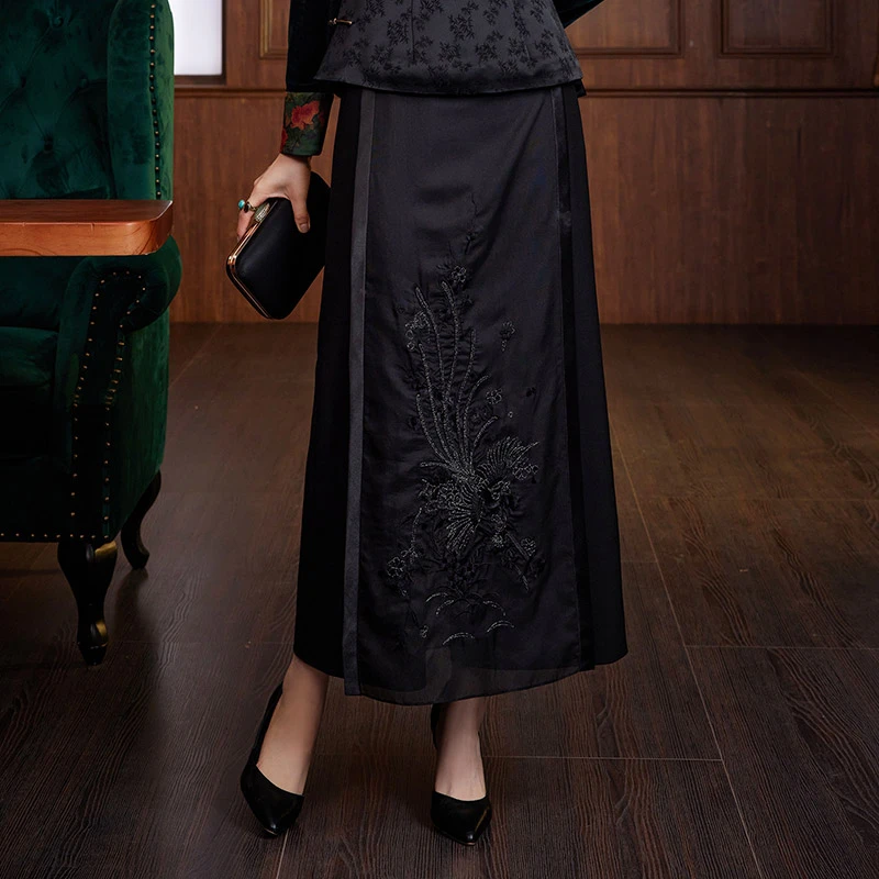 玺玥爆款中国风复古休闲阔腿裤黑色气质百搭显瘦女马面裙裤W22236