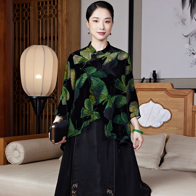 【一枝春】国风丝绒设计款上衣不对称衣摆富有个性宽松侧开襟W24577