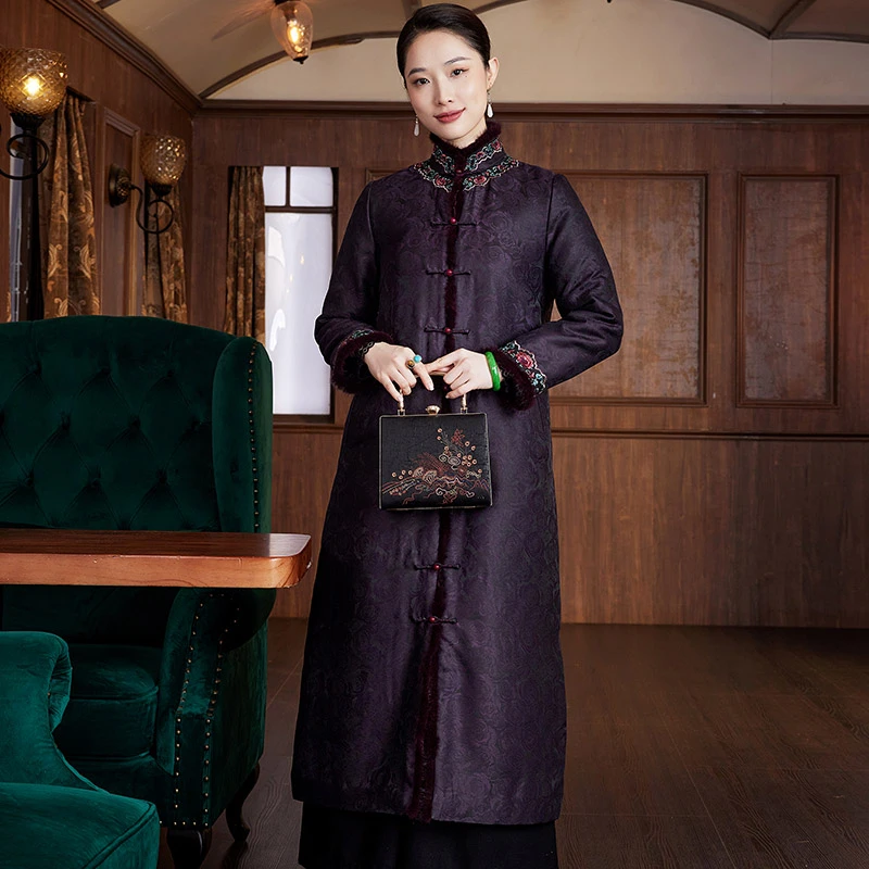 【浮云紫绣】桑蚕丝提花香云纱复古加厚中长款秋冬紫色棉外套W23696