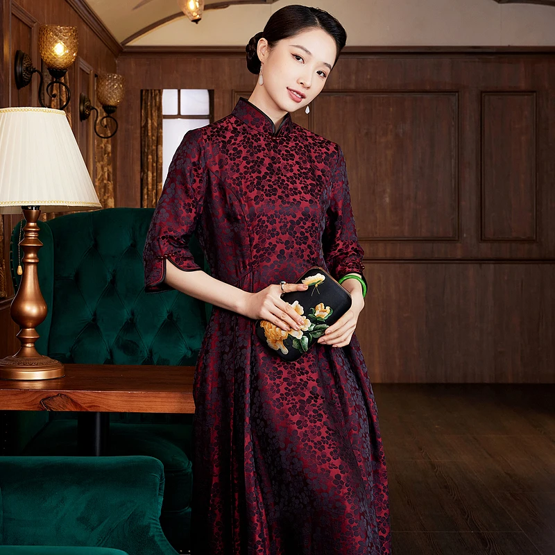 【浮影漫缀】红色早春新款复古气质长款宴会中式风连衣裙长裙W24510