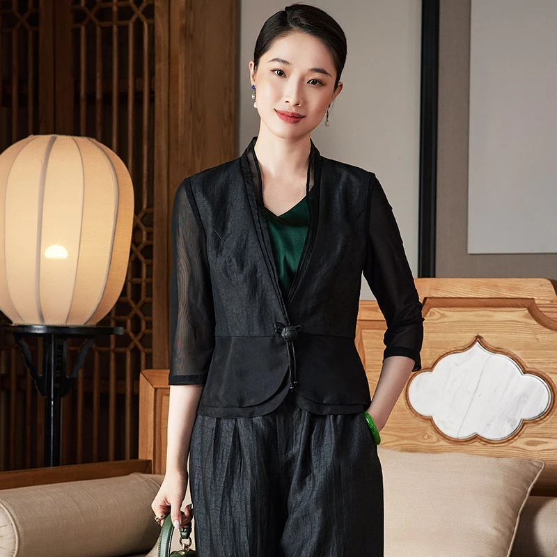 【浣纱风绕】初秋桑蚕丝黑色龟纹香云纱中式西服唐装外套上衣W23319