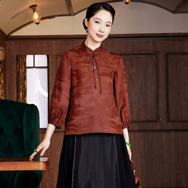 【山水若画】桑蚕丝精致减龄时尚国风中式女桑波缎红云纱上衣W23616