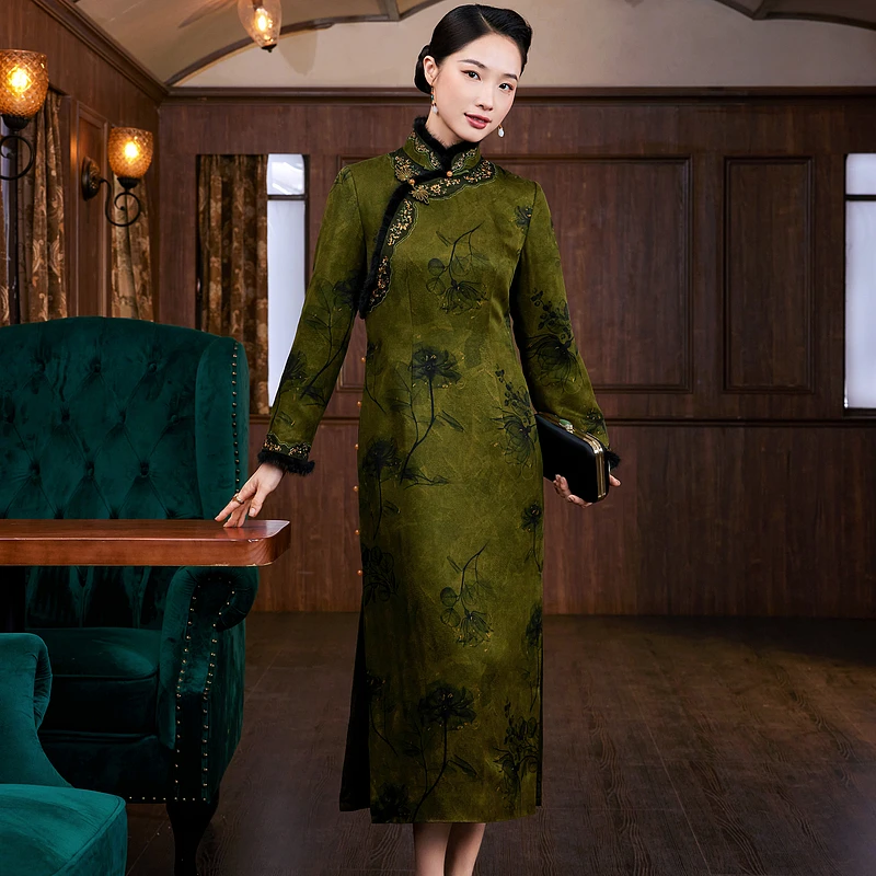 【林泉响韵】40姆米吴绫桑蚕丝夹棉旗袍 温暖不臃肿 温暖毛边W24326