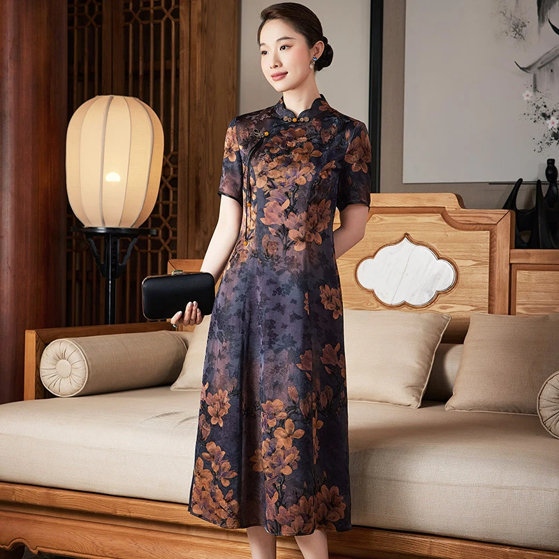 玺玥【琼瑶一梦】古典禅意修身改良旗袍裙中长款手工凤尾扣W23293