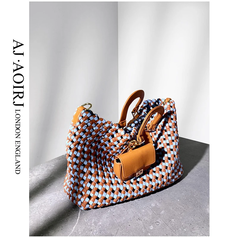 【英国AJ AOIRJ】纯手工编织托特包女包撞色手提包13寸电脑包