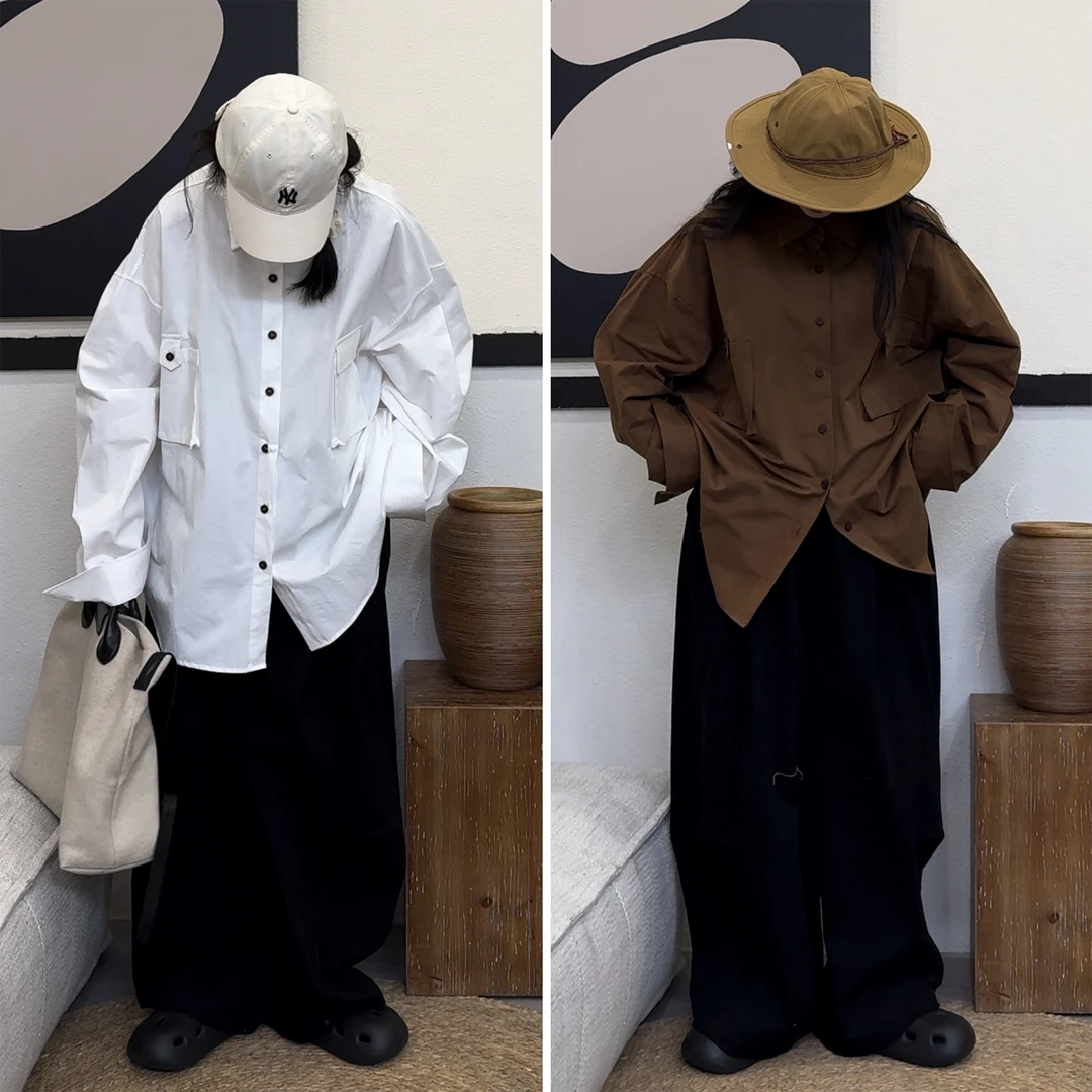 橘子罐头24新款时尚休闲百搭宽松韩版复古长袖两色衬衫