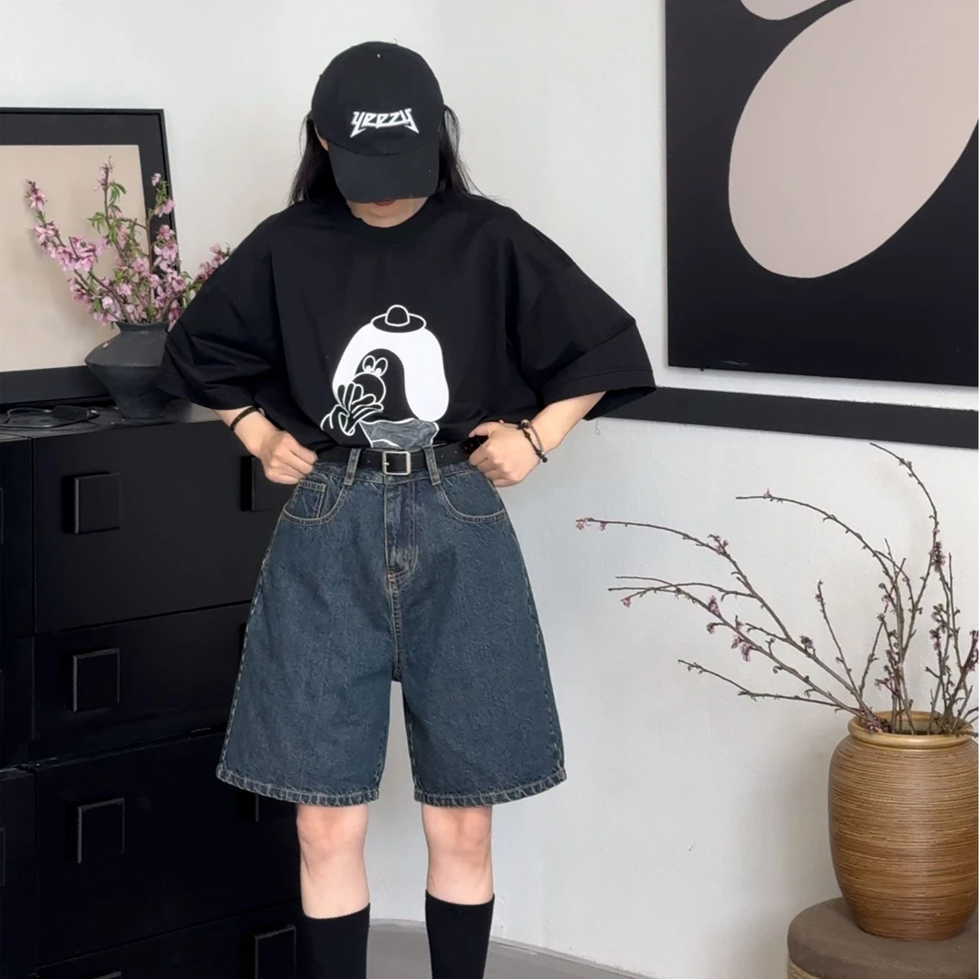 橘子罐头24新款百搭复古宽松纯色水洗显瘦春秋休闲牛仔短裤