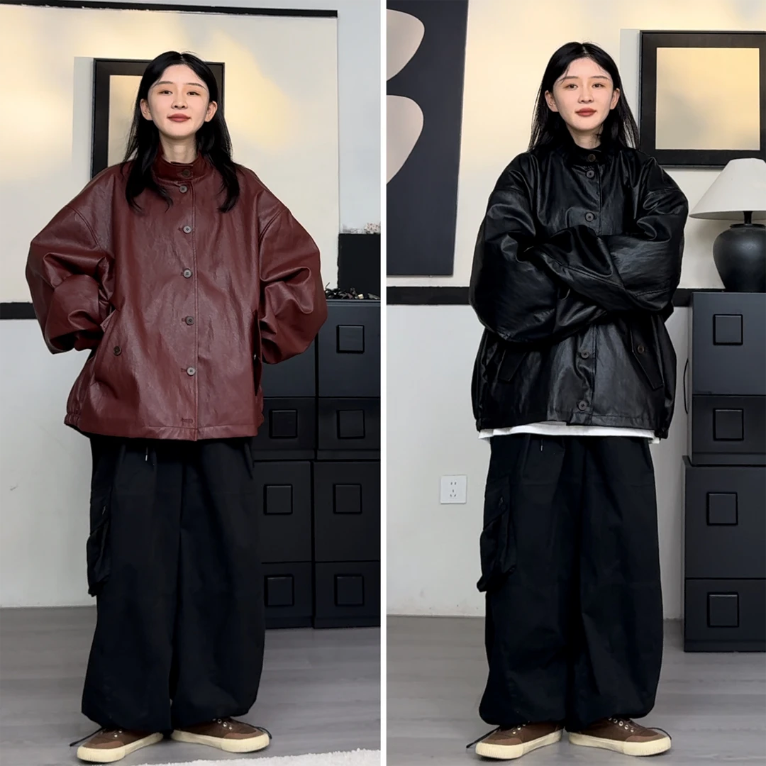 橘子罐头24新款美式复古宽松港风潮流百搭设计感情侣两色皮衣