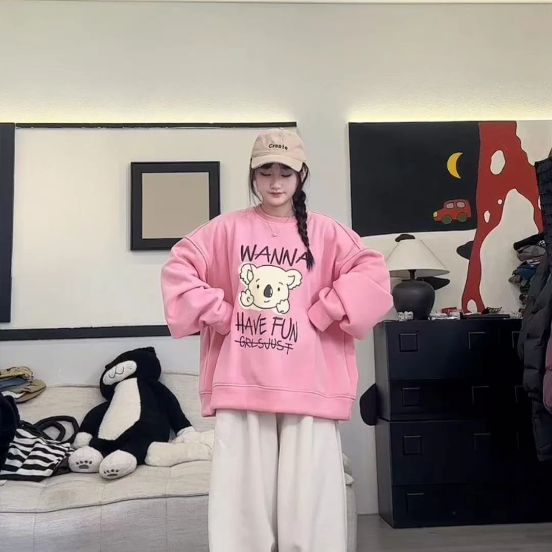 橘子罐头24年新款休闲考拉印花百搭减龄ins加绒加厚卫衣