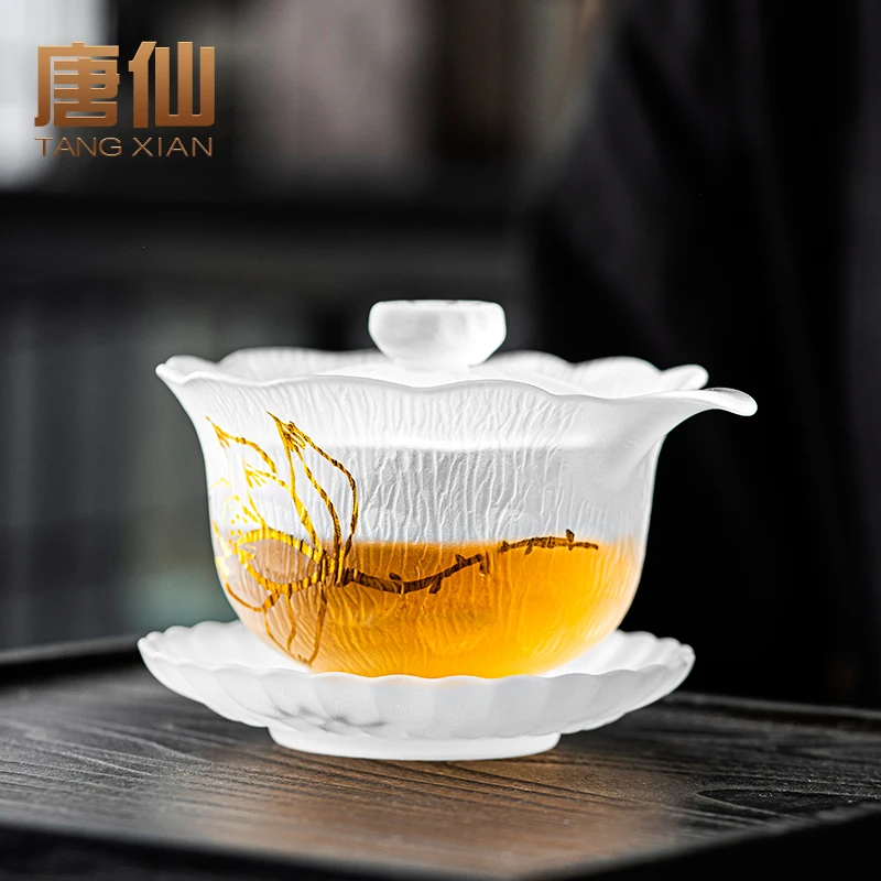 唐仙磨砂琉璃盖碗家用古法防烫手泡茶碗中国风茶具三炮台手抓壶单