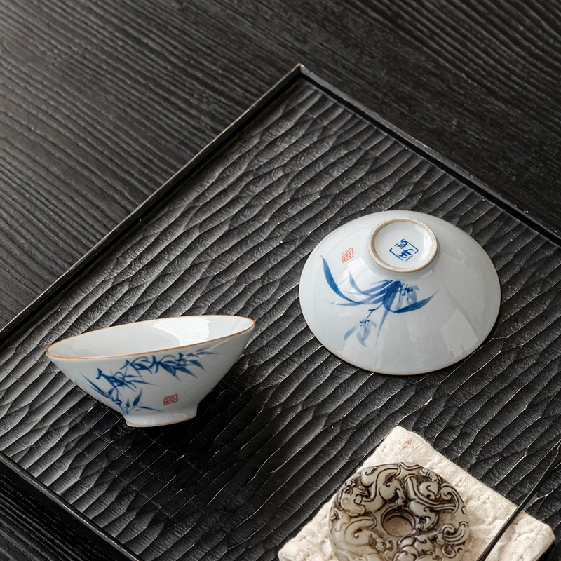 唐仙新款草木灰手绘茶杯对杯家用主人杯个人专用茶杯斗笠杯喝茶杯